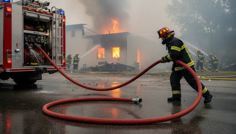 Illustration of fire hose: A hose used for delivering water during fires.