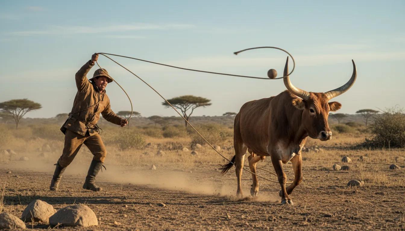 ภาพประกอบของ bola: a rope with weights at the ends for catching animals