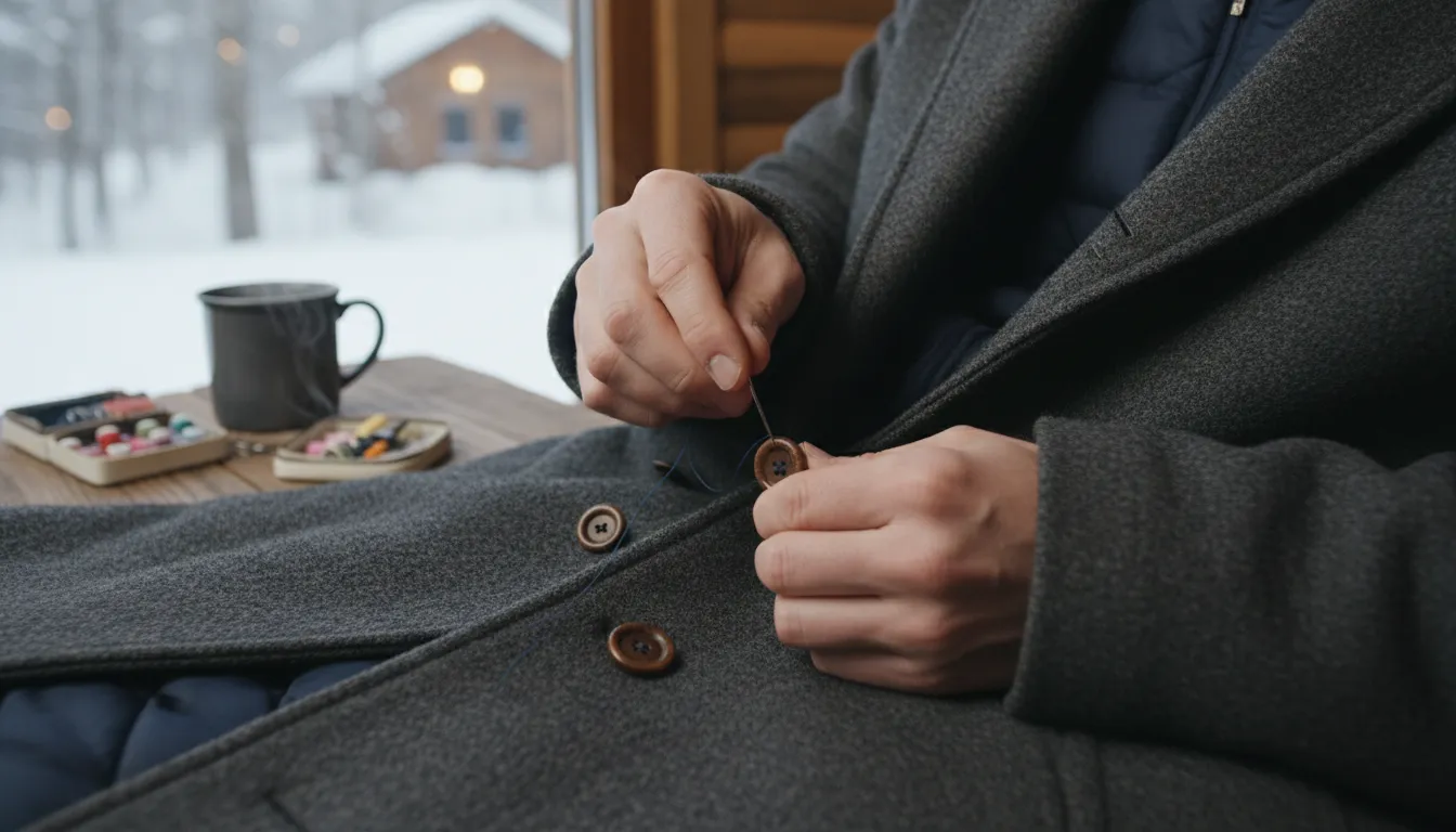 Ilustrasi button: A small round piece used to fasten clothing.