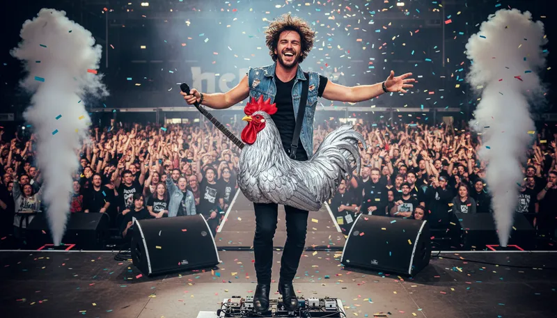 Illustration of rock out with one's cock out: To enjoy oneself freely and confidently.