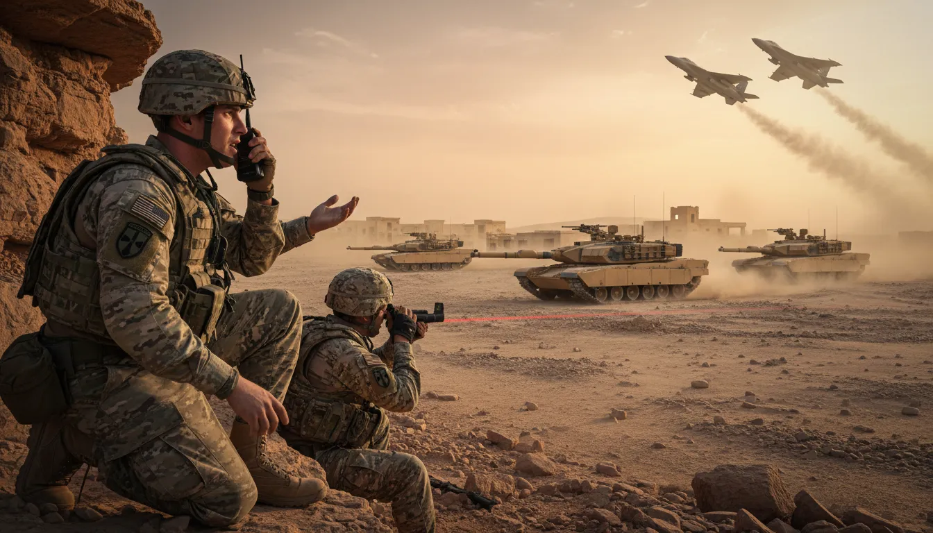 CAS 일러스트: military aircraft strikes supporting ground troops