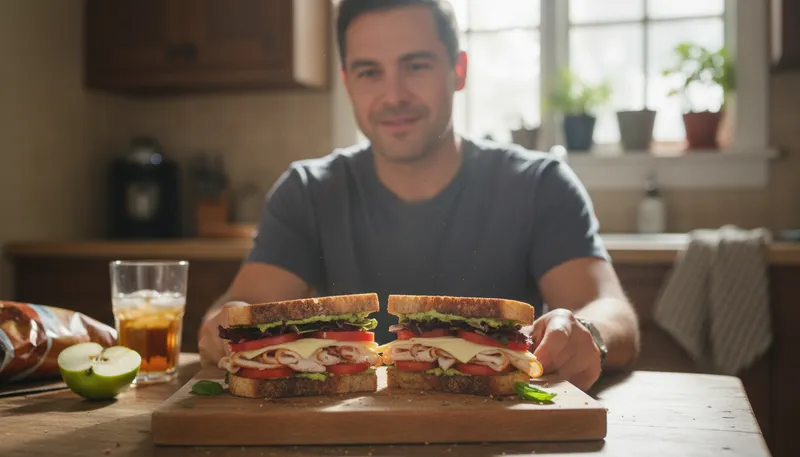 Illustration of sandwich: Two pieces of bread with filling in between.