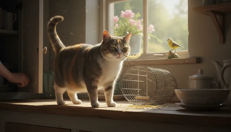 Illustration of cat that ate the canary: Someone who looks very pleased.