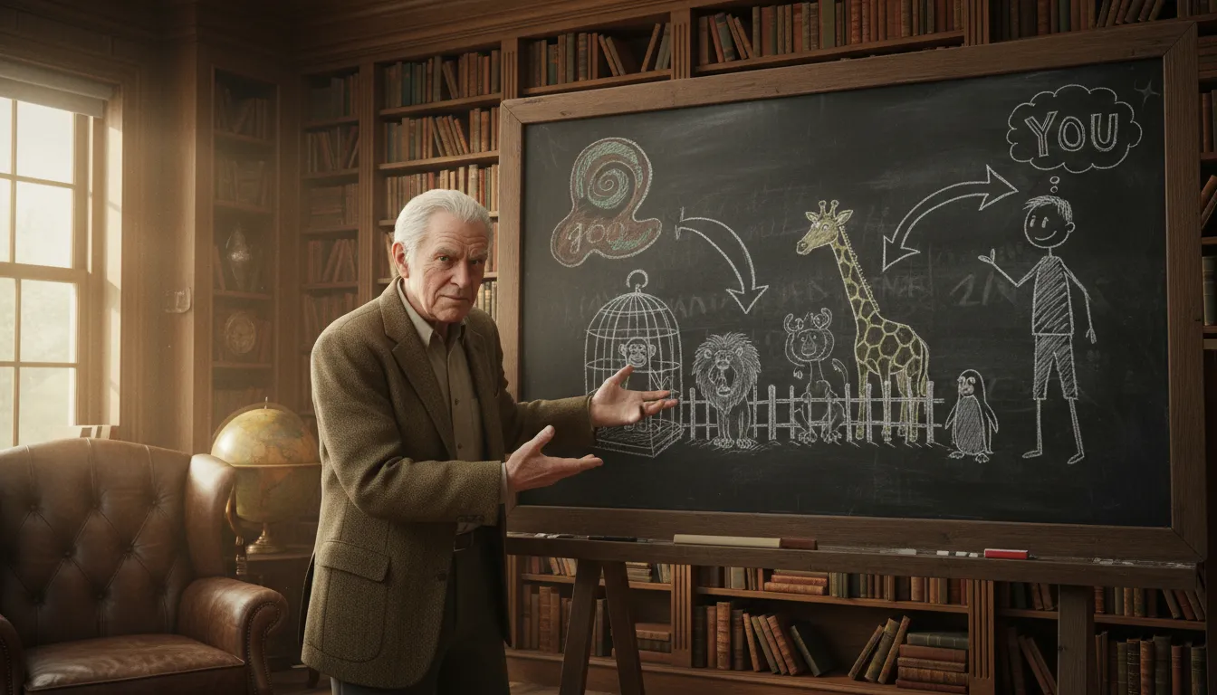 Ilustração de from goo to you by way of the zoo: a rhyming phrase mocking the theory of human evolution