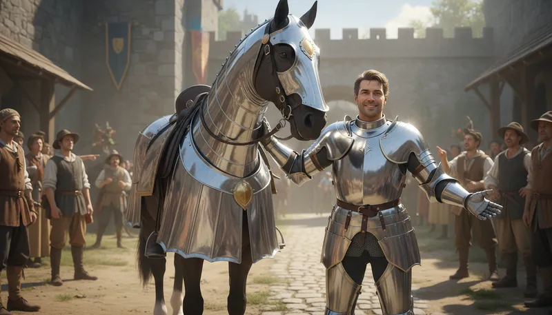 Illustration of horse armor: Protective gear for horses.
