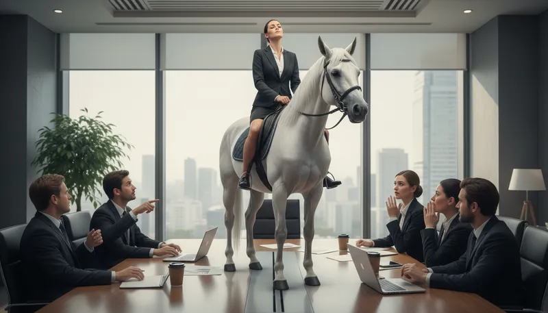 Illustration of high horse: A self-righteous or superior attitude.