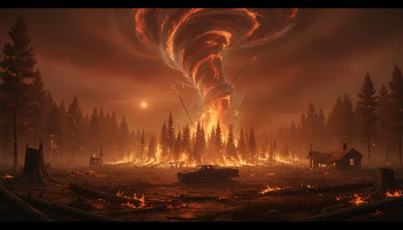 Illustration of firestorm: A very intense and destructive fire.