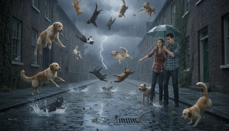 Illustration of rain dogs and cats: It is raining very heavily.