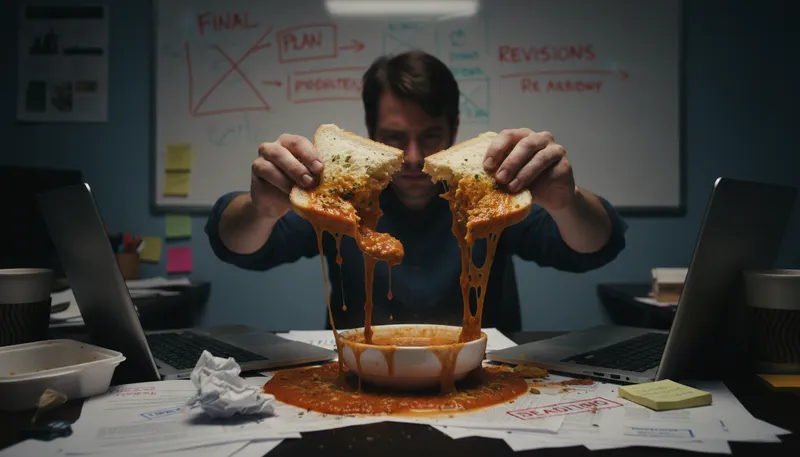 Illustration of soup sandwich: A disorganized or messy situation.