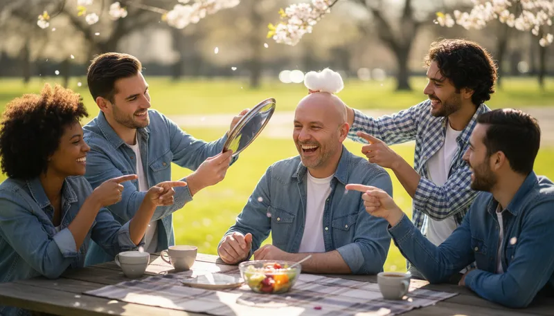Illustration of baldness: The state of having little or no hair.