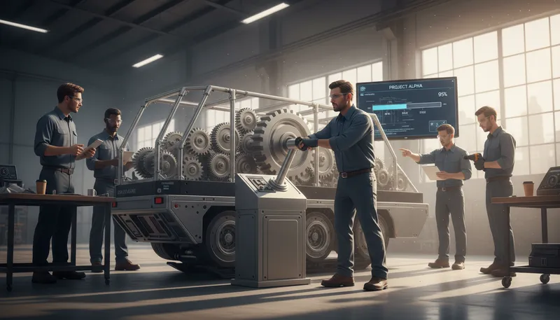 Illustration of move through the gears: to progress smoothly through stages or tasks