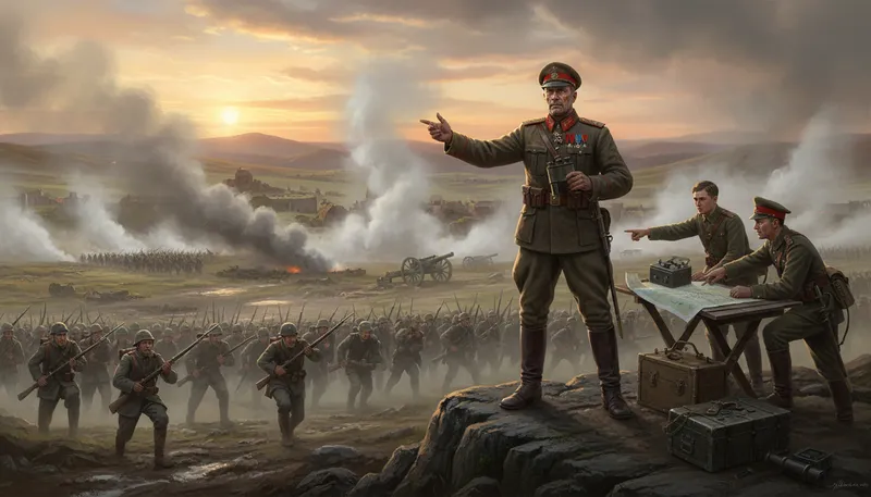 Illustration of general: highest military rank, leading large forces
