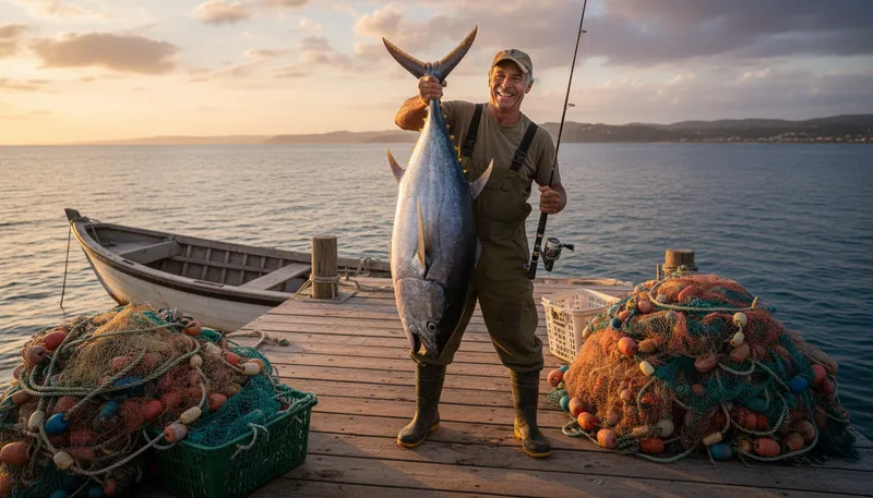 Illustration of fishman: A person who catches or studies fish.