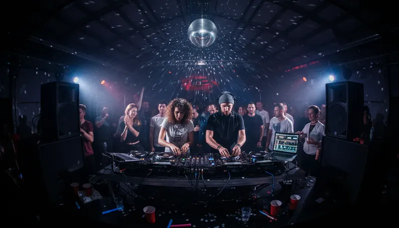 Illustration of djs: People who play recorded music for an audience.