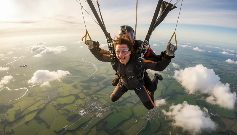 Illustration of skydiving: Jumping from an aircraft with a parachute.