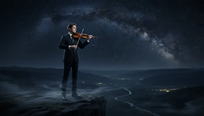 Illustration of violinist: A person who plays the violin.