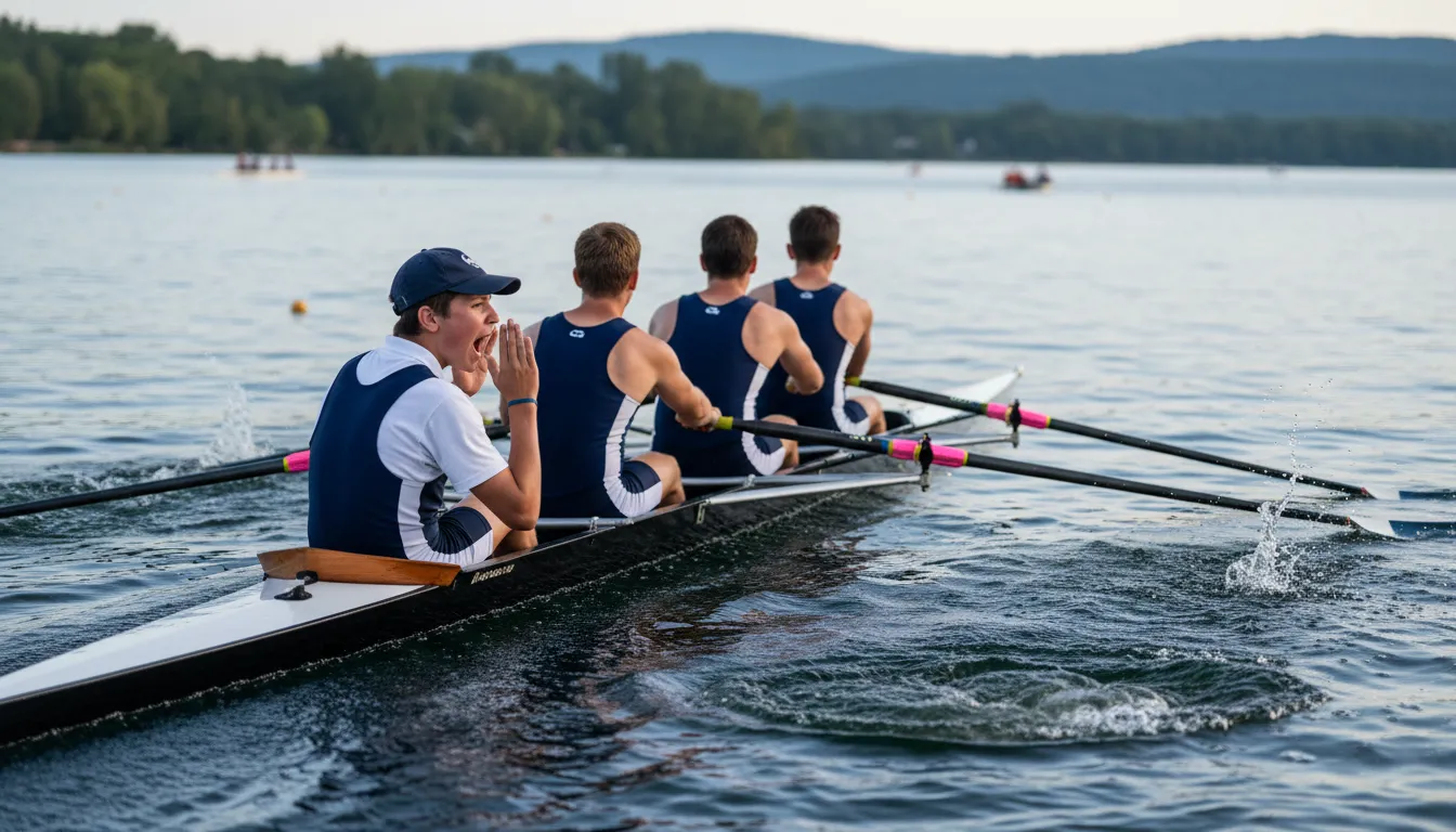 boy in the boat 的插图：the person who steers a racing boat