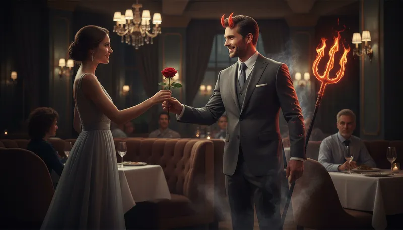 Illustration of devil in disguise: someone who seems nice but is actually bad.