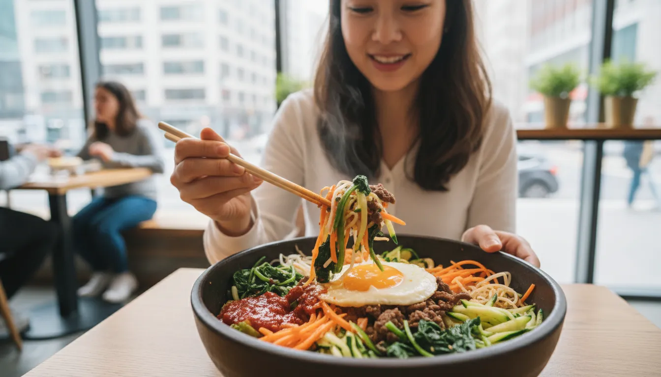 Illustration of bibimbap: mixed rice with vegetables and meat