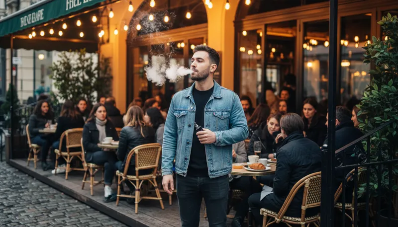 Illustration of vaping: Inhaling vapor from e-cigarettes or devices.