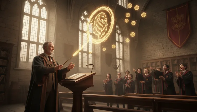 Illustration of ten points for gryffindor: rewarding points to Gryffindor house.