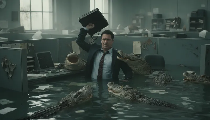 Illustration of up to one's neck in alligators: Overwhelmed with problems or tasks.