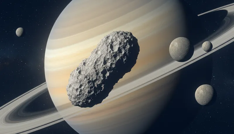 Illustration of hyperion: a moon of Saturn known for its shape