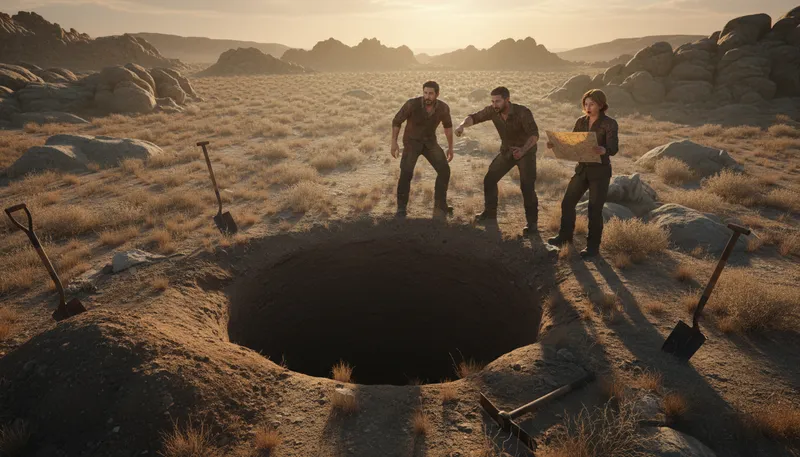 Illustration of pit: A large hole in the ground.