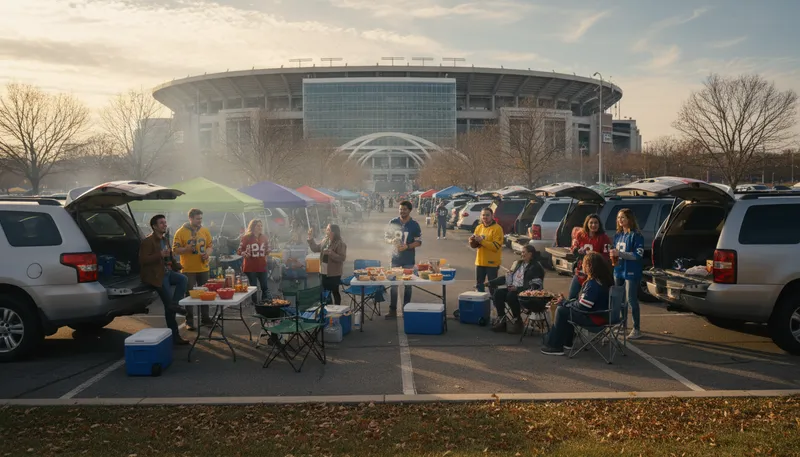 Illustration of tailgate: to gather and eat food behind a parked vehicle.