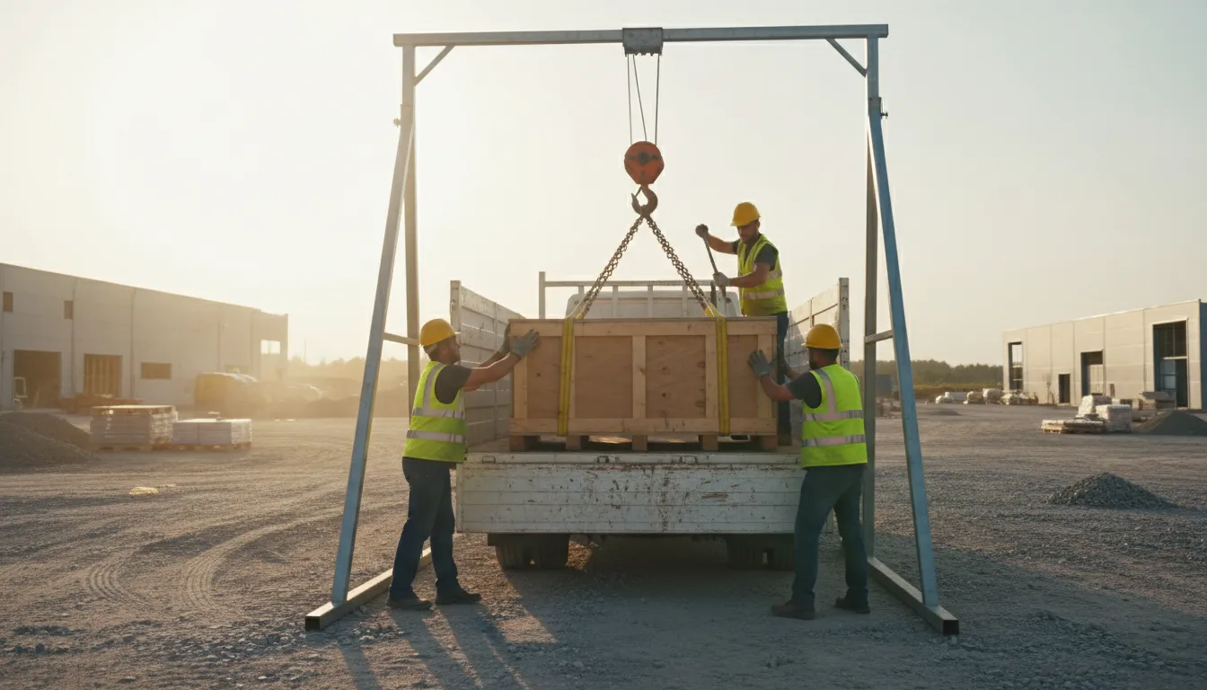 hoist 的插圖：to lift something heavy