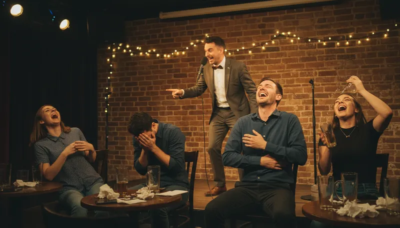 Illustration of comedic: Relating to comedy; funny.