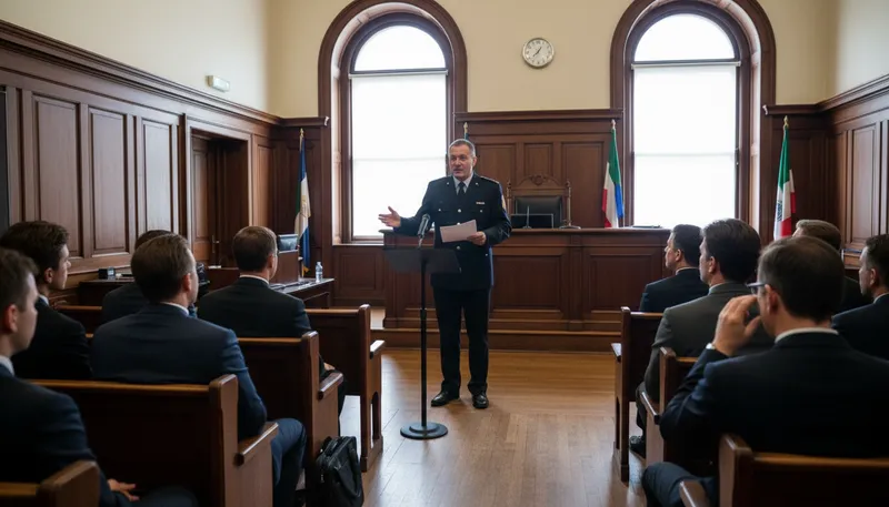 Illustration of bailiff: An officer of the court who maintains order.