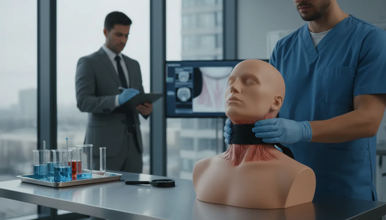 strangulation का चित्र: the act of choking or constricting someone's neck.