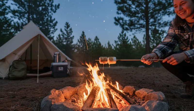Illustration of camper: A person who stays in a tent or vehicle.