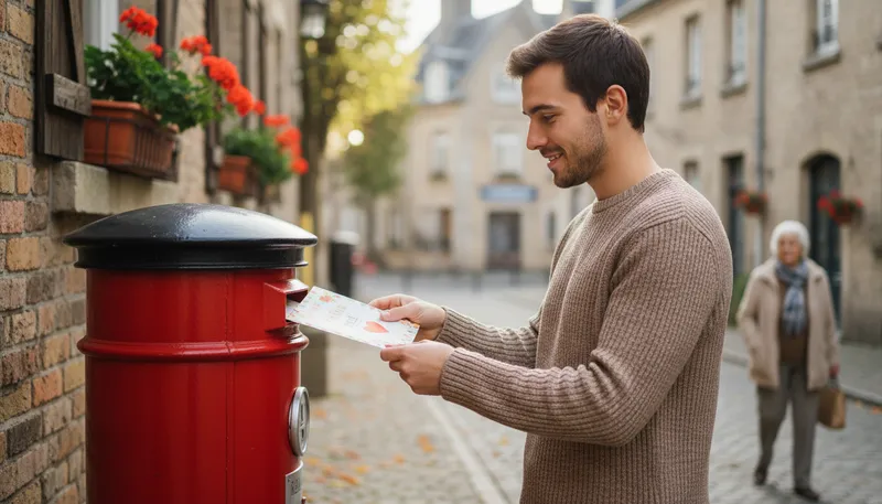 Illustration of mail: To send a letter or package through postal service.