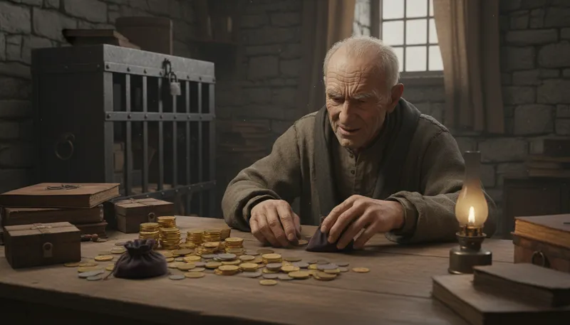 Illustration of miser: A person who hoards wealth and avoids spending.