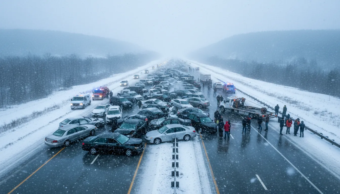 pile up 的插图：to crash together in a large group