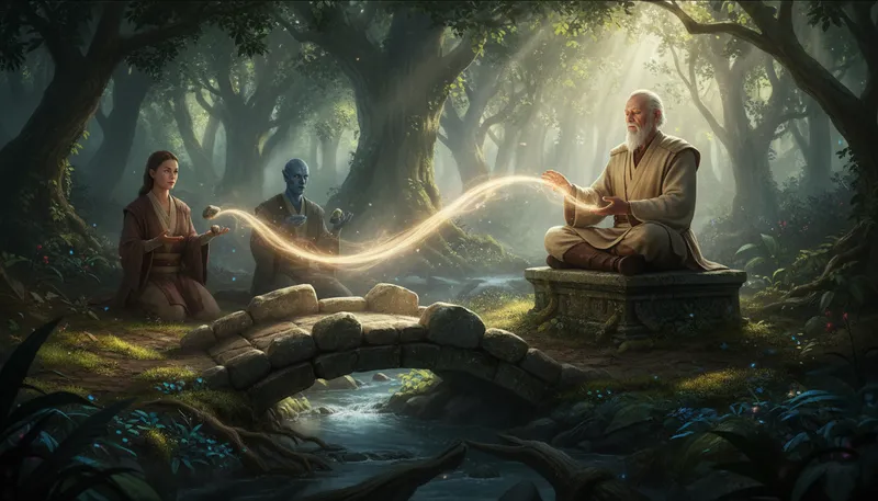 Illustration of jedi: A member of a fictional peacekeeping order.