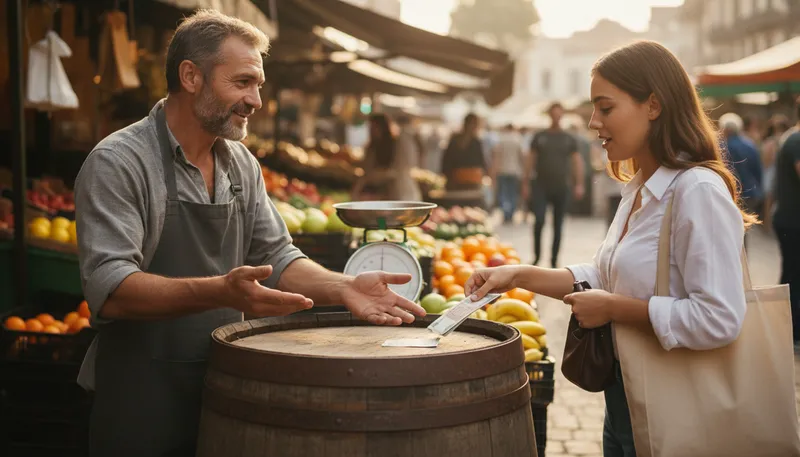Illustration of cash on the barrelhead: Immediate payment required before receiving goods.