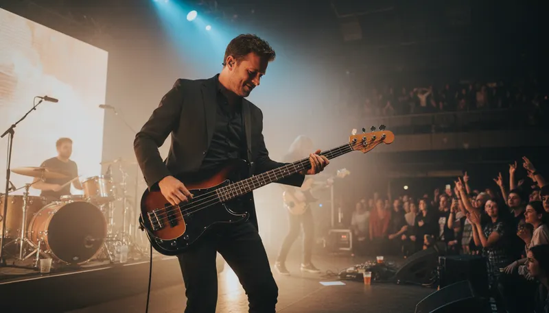 Illustration of bassist: A musician who plays the bass guitar.