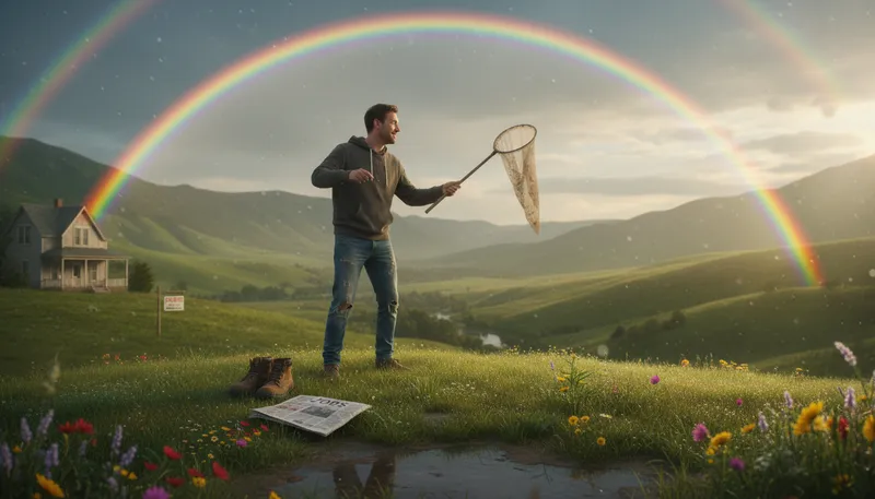 Illustration of chase rainbows: to pursue unrealistic dreams or goals