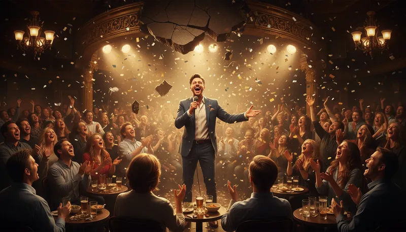 Illustration of bring down the house: To achieve great success or applause.