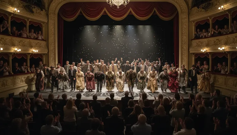 Illustration of exeunt omnes: all characters exit the stage together.