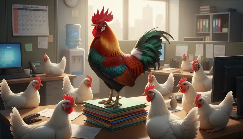 Illustration of cock in the henhouse: A person in a vulnerable or risky situation.
