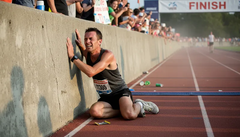Illustration of hit a wall: to reach a point of exhaustion or blockage