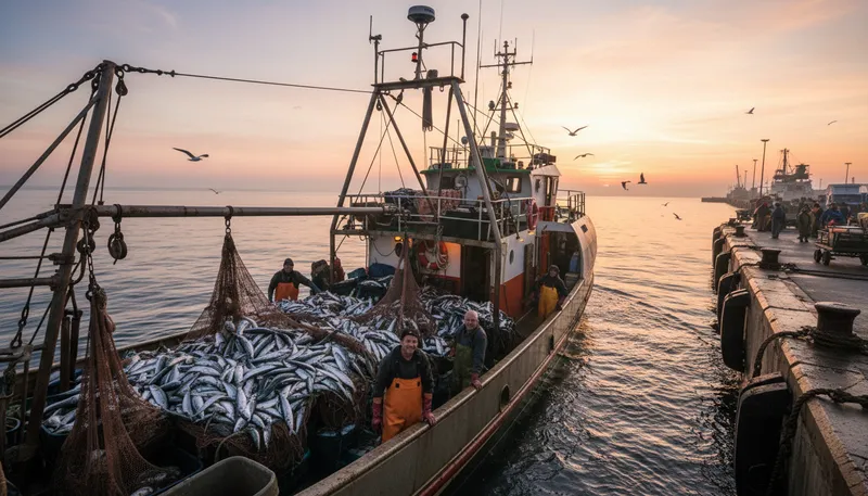 Illustration of trawler: A fishing boat that drags nets to catch fish.