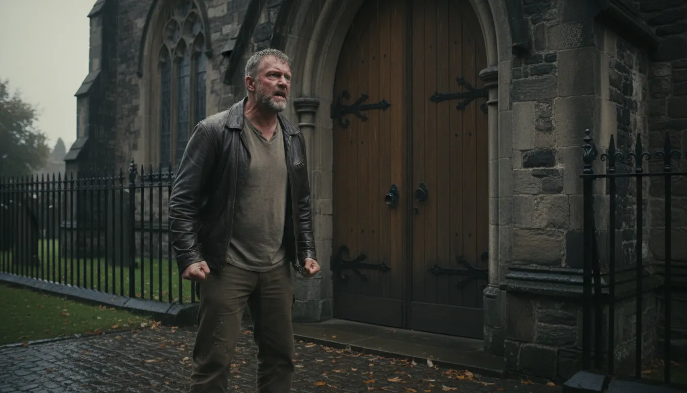 Illustration von darken a church door: To enter or visit a place of worship.