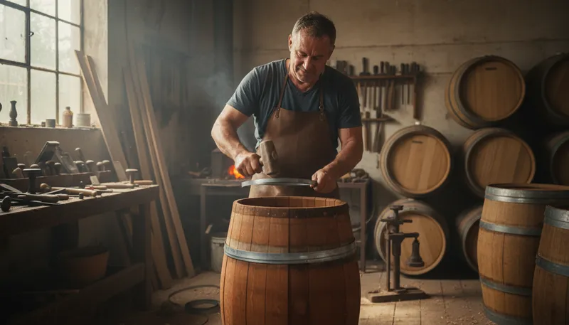 Illustration of coopers: Barrel makers who craft wooden containers.