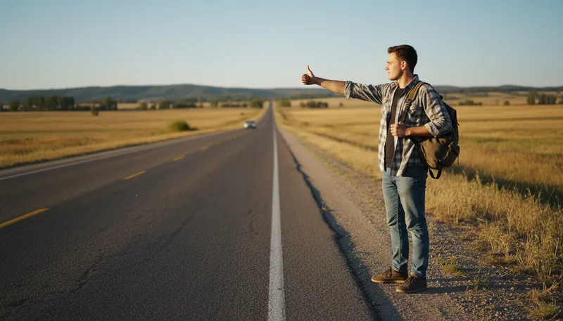 Illustration of thumb a ride: Hitchhike or ask for a ride.