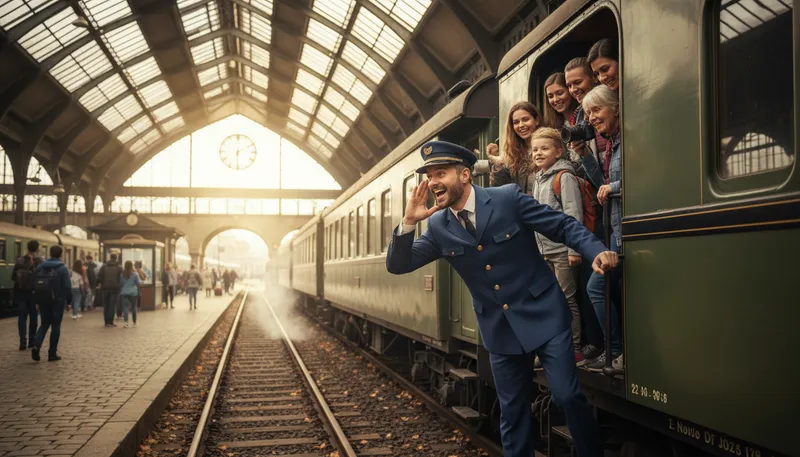 Illustration of all aboard: Get on the train or vehicle now.
